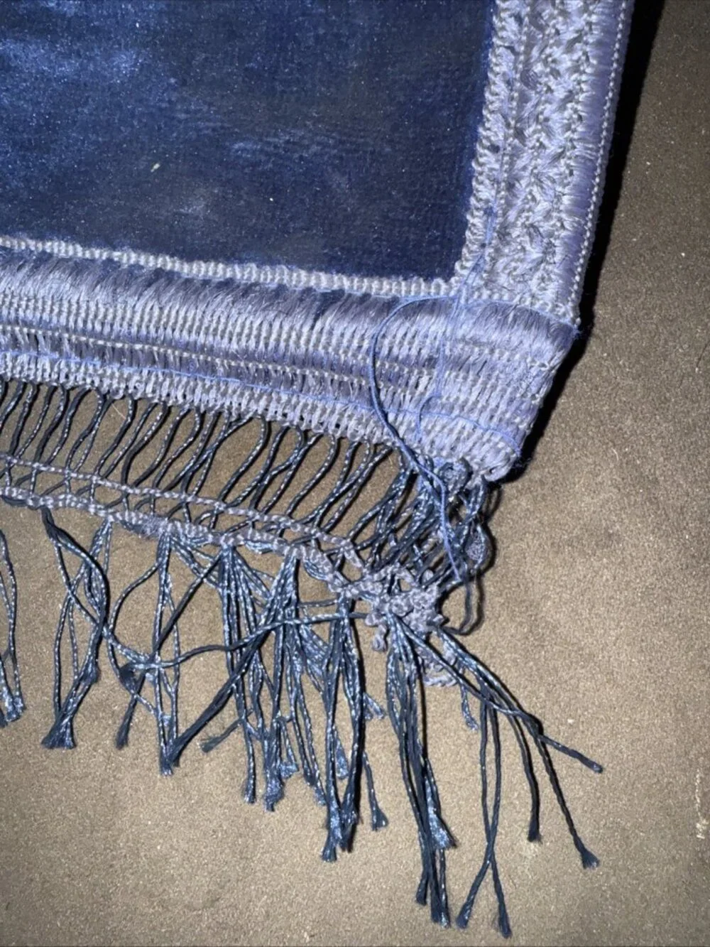 Blue Soft Velvet Throw Rug Asian Style double sided fringe 45L”x31.5W” BURN HOLE